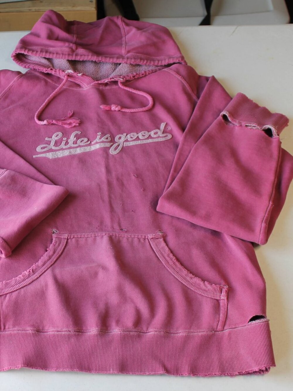 Life Is Good Distressed/Thrashed Hoodie Pink Women's Sz L Boho Skater Grunge